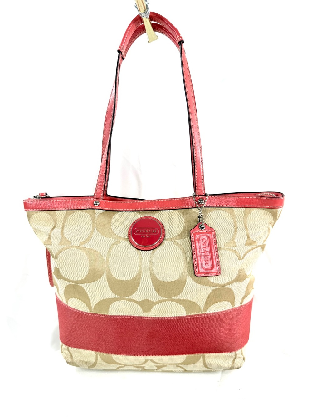 Coach F15112 Coral Pink Khaki Signature Jacquard Shimmer Stripe Medium Tote Bag